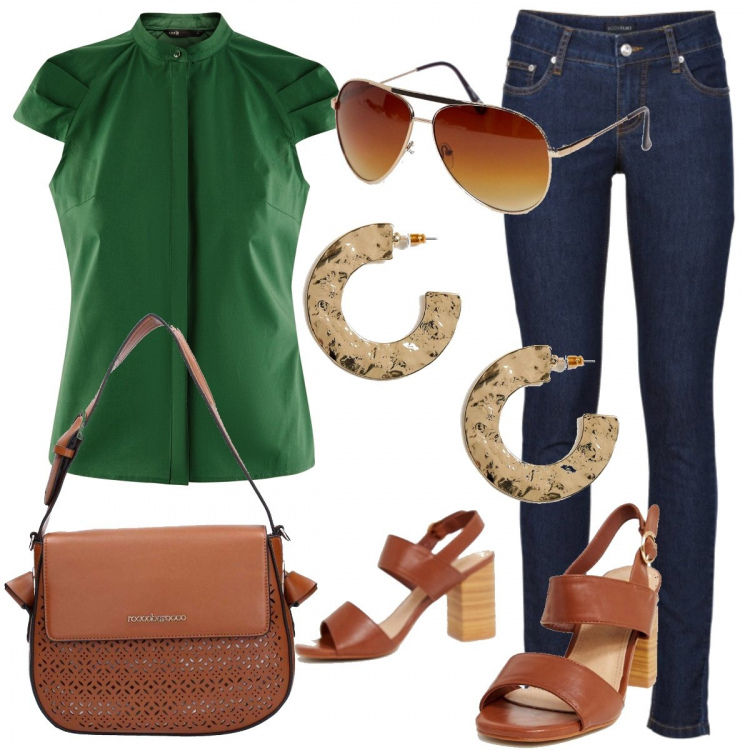 Outfit donna - Oggi metto la camicetta verde!. Stile Basic per Tutti i giorni. Abbinamento con jeans skinny, borsa a tracolla marrone, camicia a maniche corte aderente verde, sandali con tacco largo, occhiali da sole da aviatore lenti scure stanghette sottili protezione dai raggi oro, orecchini petite farfalla effetto martellato oro.