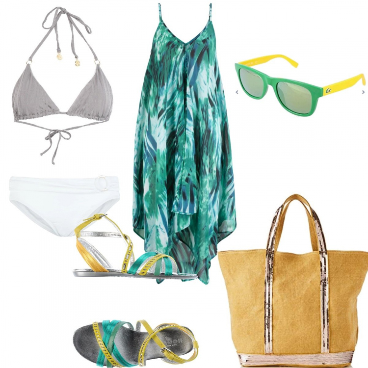 Outfit donna - Bon Ton, un\'estate al mare. Stile Bon Ton per Mare. Abbinamento con vestiti da spiaggia, sandali, slip interno foderato jersey, bikini, borsa tote, occhiali da sole unisex-adulto verde.