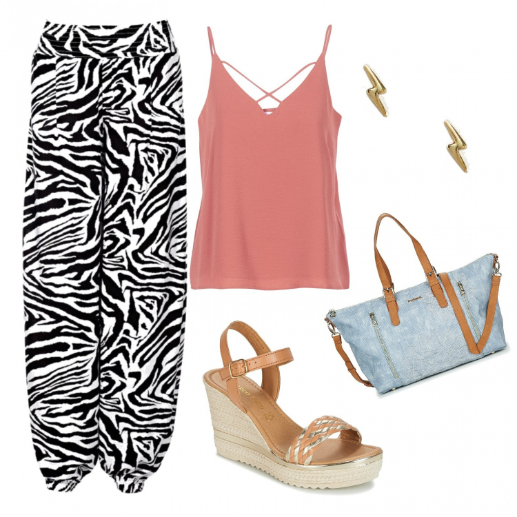 Outfit donna - Casual e morbido. Stile Basic per Tutti i giorni. Abbinamento con pantaloni a palazzo, top, sandali, sabot, mules e ciabattine trendy, borsa a tracolla blu, orecchini a bottone farfalla oro e argento.