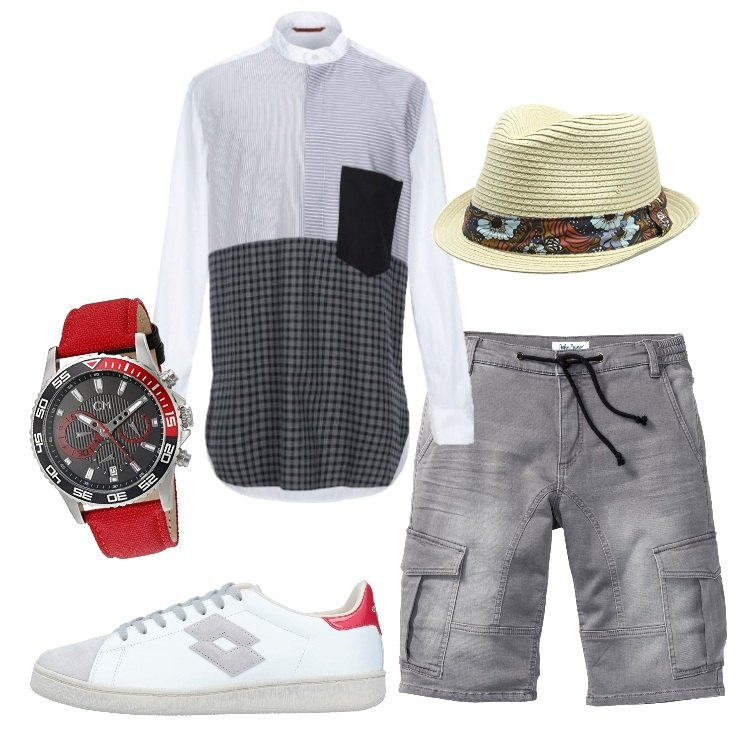 Outfit uomo - Spensierato. Stile Trendy per Tutti i giorni. Abbinamento con bermuda, sneakers tennis, camicia a righe collo coreana a maniche lunghe in cotone con bottoni, orologi, cappello fantasia floreale unisex-adulto blu.