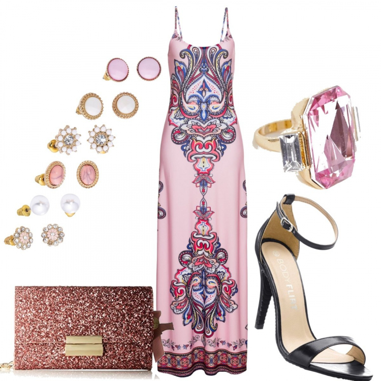 Outfit donna - Fashion inspo Dolce e Gabbana. Stile Trendy per Cerimonia. look ideale per Tall. Abbinamento con vestiti corti, sandali con tacco alto e cinturino in pelle sintetica, orecchini, anello oversize oro, pochette rosa.