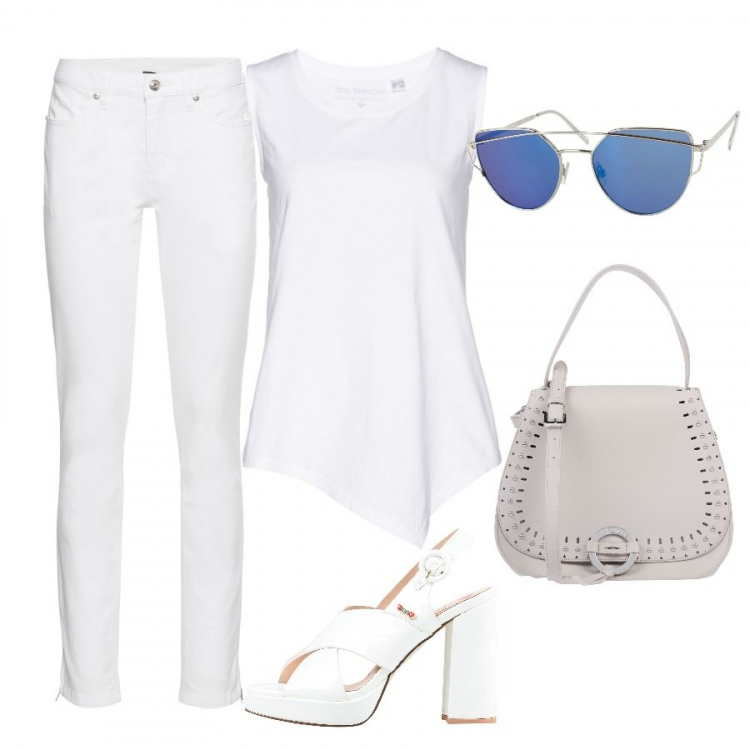 Outfit donna - Total white. Stile Chic per Tutti i giorni. Abbinamento con jeans skinny, top, sandali, borsa a mano messenger con manico e borchie taglia media interno sfoderato in pelle sintetica tinta unita, occhiali da sole.