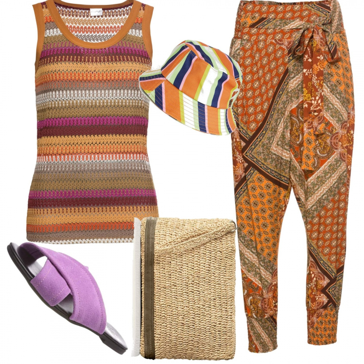 Outfit donna - Ispirazione Etro. Stile Chic per Mare. Abbinamento con pantaloni, cardigans, sandali, pochette verde e kaki, cappello petite a righe.