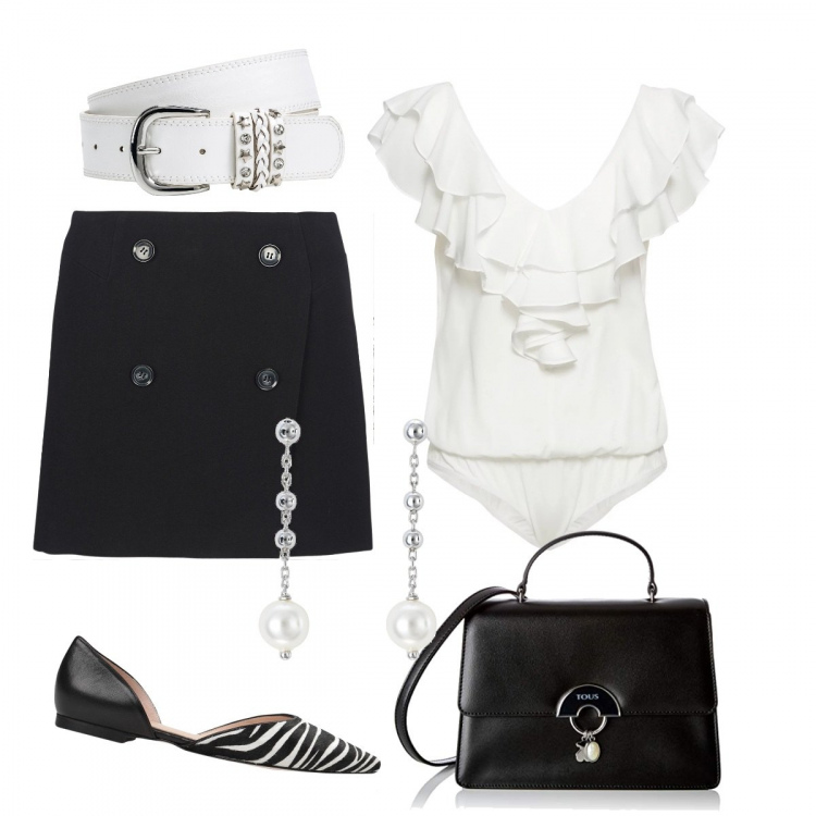 Outfit donna - Body e gonna a trapezio. Stile Bon Ton per Ufficio. Abbinamento con cinture, ballerine fantasia a punta bianco, gonna nero, orecchini con perle in argento 925 argento, borse a mano.