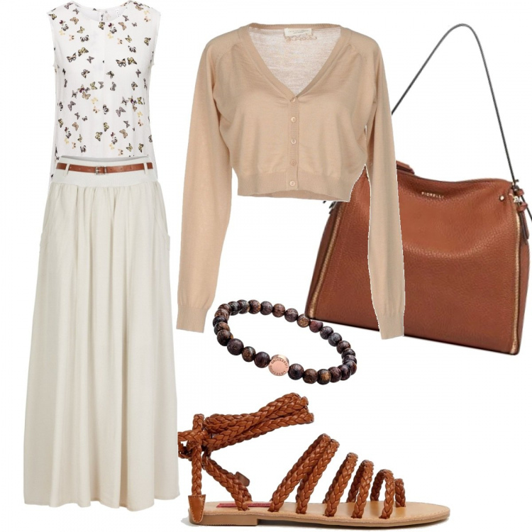 Outfit donna - Explore. Stile Urban per Tutti i giorni. Abbinamento con gonne lunghe, top, scaldacuore senza tasche lavorato a maglia a maniche lunghe tinta unita, sandali con laccetti, borsa beige, braccialetto in acciaio inox con logo.