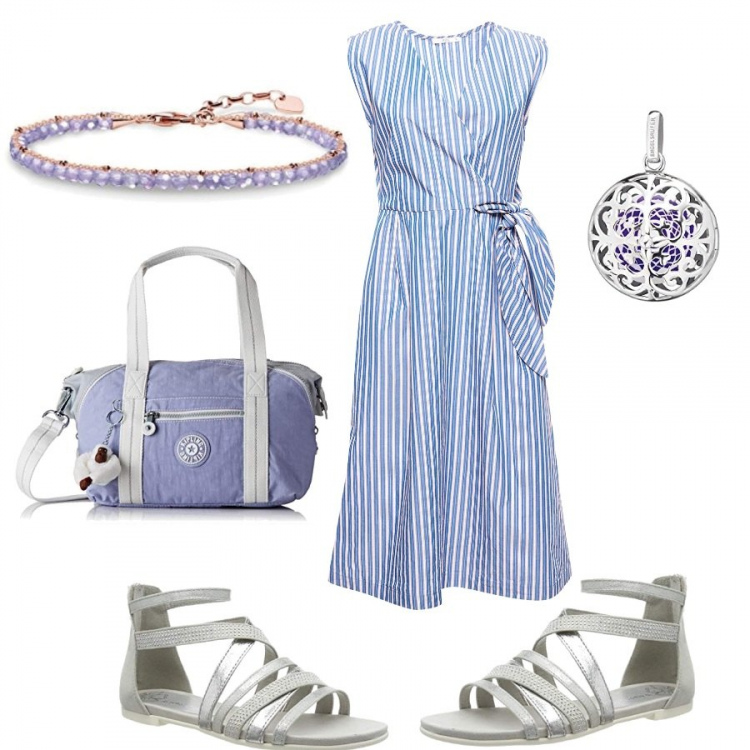 Outfit donna - "Prime Day" in mood lavanda. Stile Basic per Tutti i giorni. Abbinamento con vestito multicolore e blu, sandali alla schiava, borse a tracolla, pendente argento, braccialetto.