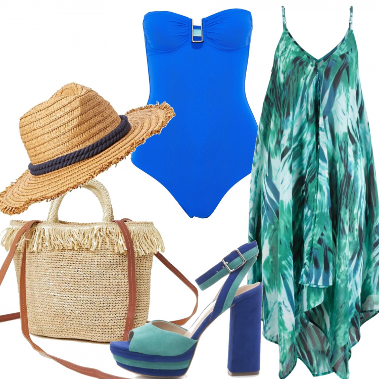 Outfit donna - Trendy #17591. Stile Trendy per Mare. Abbinamento con vestiti da spiaggia, costume intero interno foderato jersey, sandali con plateau blu, jumpsuit con cinturino in paglia oro, berretti.