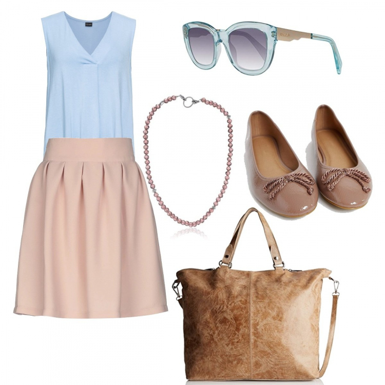 Outfit donna - Bon Ton, miss bon ton. Stile Bon Ton per Tutti i giorni. Abbinamento con top, gonna al ginocchio con zip interno sfoderato crêpe, ballerine con fiocco beige, montatura occhiali turchese e azzurro, borsa a tracolla beige, collana.