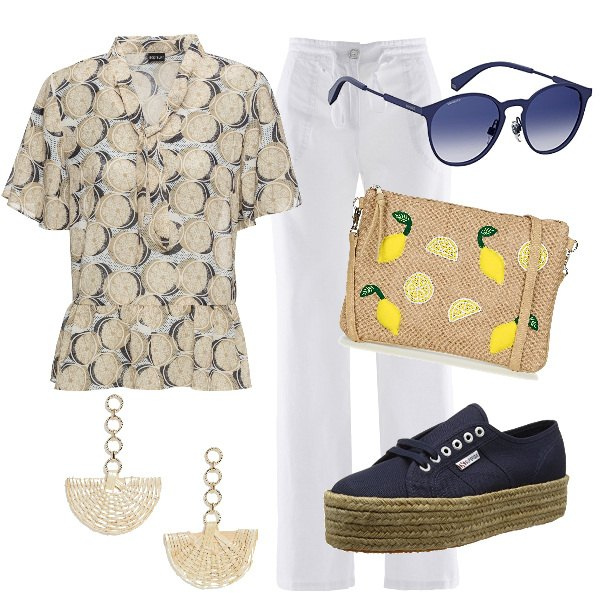 Outfit donna - Superga in corda e limoni. Stile Etnico per Tutti i giorni. Abbinamento con pantaloni a palazzo, blusa con fiocco e scollo beige, shopping bag, sneakers navy, orecchini pendenti forma intrecciata oro, occhiali da sole.