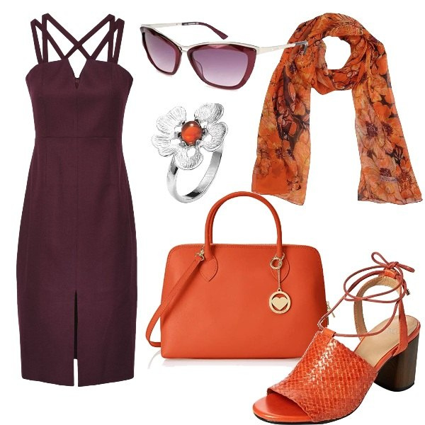 Outfit donna - Schiena in mostra. Stile Chic per Ufficio. Abbinamento con vestiti midi/longuette, stola fantasia floreale chiffon in seta, sandali open toe arancione, borse a mano, anello in argento 925, occhiali da sole rosso.