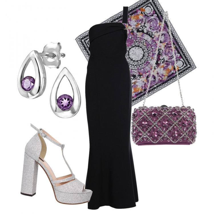 Outfit donna - L\'abito con la schiena scoperta. Stile Sexy per Serata fuori. Abbinamento con vestito lungo a trapezio monospalla effetto acetato con zip interno sfoderato senza tasche crêpe, foulard fantasia floreale in seta twill, borse a mano, sandali, orecchini in oro bianco impreziosito viola e argento.