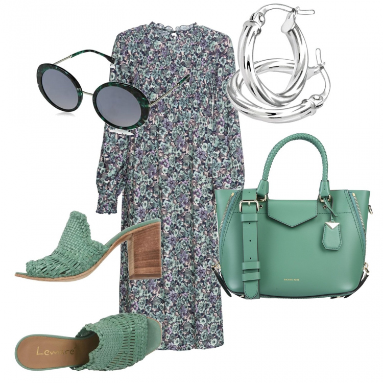 Outfit donna - Temperatura in ribasso. Stile Trendy per Tutti i giorni. Abbinamento con vestito longuette/midi, sandali col tacco, borsa a mano, orecchini in oro bianco certificato autenticità argento, occhiali da sole.