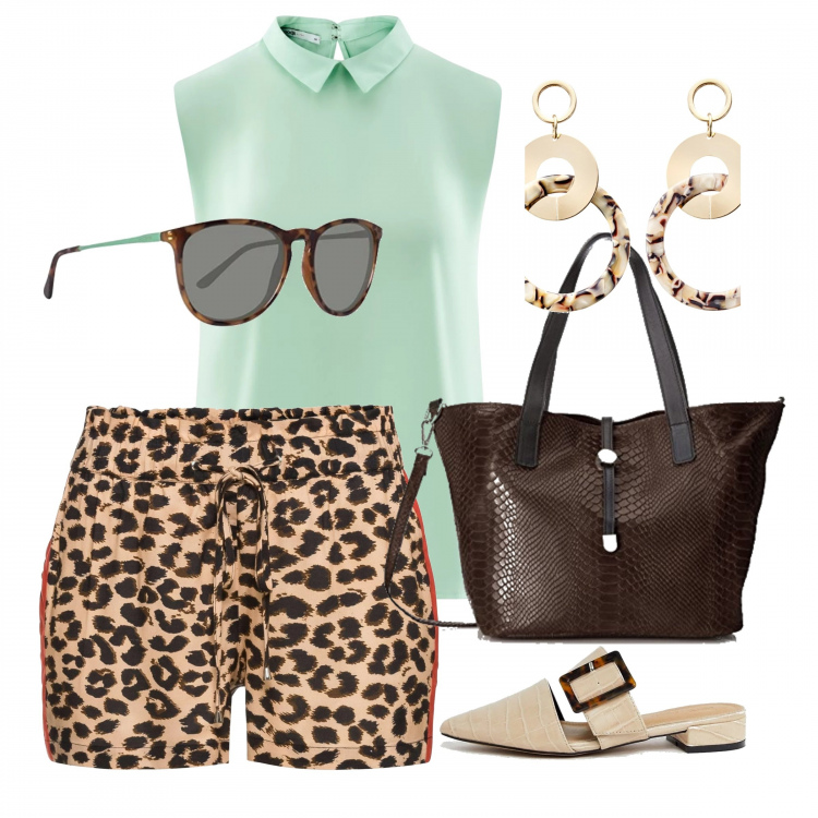 Outfit donna - Mix Tendenze: animalier e vitamin colors. Stile Trendy per Tutti i giorni. Abbinamento con sciarpe, orecchini, top, sabot beige, occhiali da sole, shopping bag marrone.