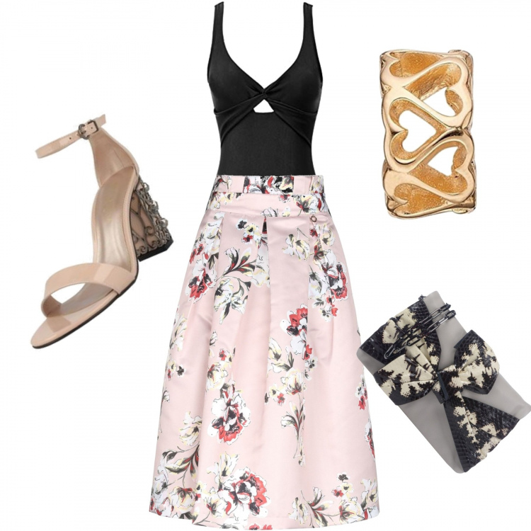 Outfit donna - Chic #10142. Stile Chic per Serata fuori. Abbinamento con gonna longuette fantasia floreale con zip interno sfoderato in raso con tasche, borsa a tracolla con fiocco e stampa taglia media con zip interno foderato in pelle con tasca interna, costume intero con nodi scollo profondo con fasce, sandali effetto vernice, bead charm.