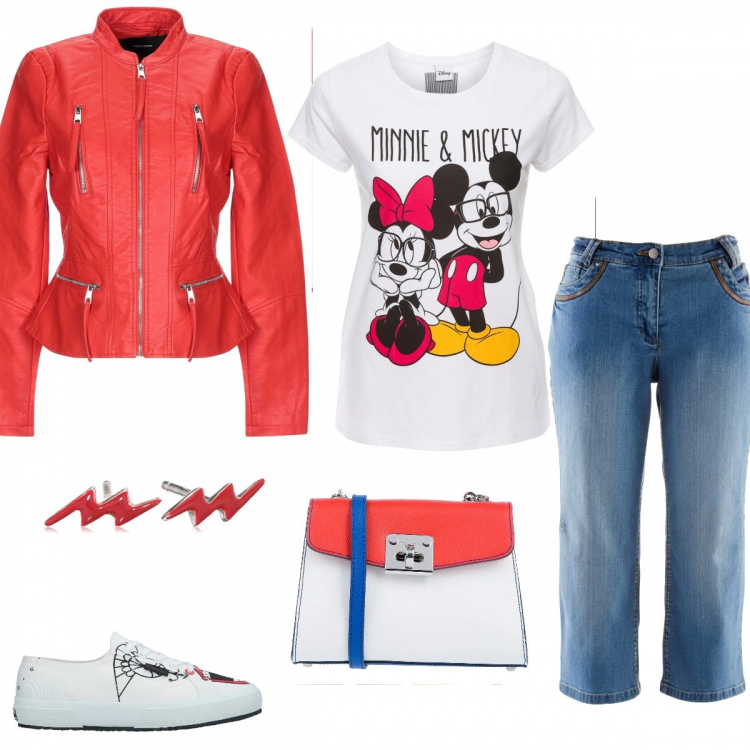 Outfit donna - Se piove!. Stile Basic per Tutti i giorni. Abbinamento con jeans slim fit, t-shirt con stampa bianco, sneakers tennis, giubbotto collo coreana a maniche lunghe con zip interno foderato in pelle sintetica tinta unita, borsa a tracolla mini con stampa interno foderato fondo con piedini blu, orecchini.