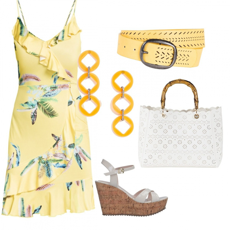 Outfit donna - Vestitino schiena nuda. Stile Trendy per Tutti i giorni. Abbinamento con vestiti, borsa a mano bianco, cintura giallo, sandali con zeppe effetto vernice con fibbia interno sfoderato con punta tonda in pelle sintetica tinta unita, orecchini pendenti arancione.