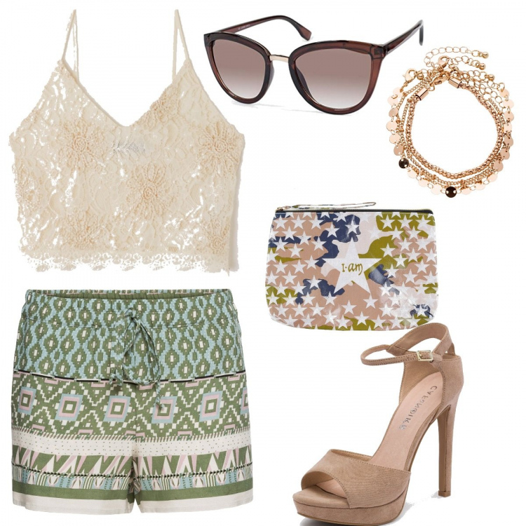 Outfit donna - Il tacco cambia tutto. Stile Trendy per Serata fuori. Abbinamento con shorts verde, cavigliere oro, pochette fantasia multicolore con zip interno sfoderato, top con pizzo collo a v crop bianco, sandali effetto scamosciato con tacco spillo e fibbia con punta tonda nero e beige, occhiali da sole.