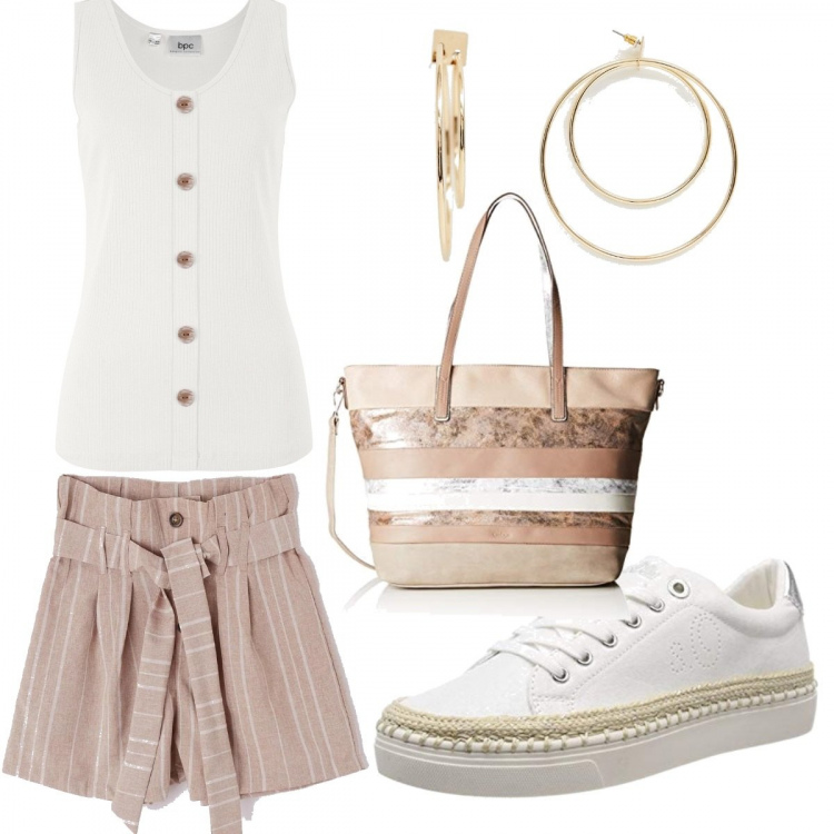 Outfit donna - Chic a passeggio. Stile Urban per Tutti i giorni. Abbinamento con top a coste bianco, shorts paper bag a righe, scarpa sportiva, borsa a spalla con zip grigio, orecchini con cerchi in denim oro.