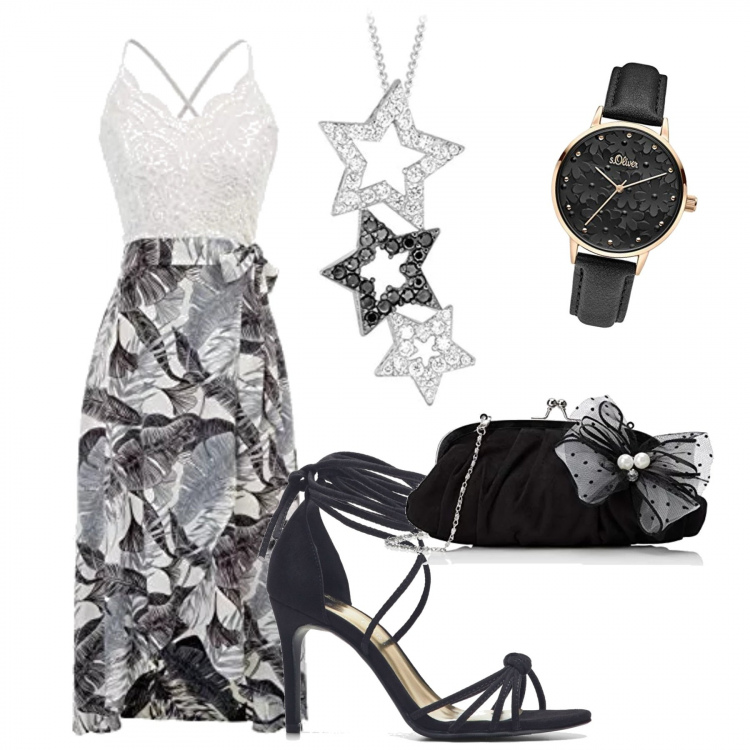 Outfit donna - Incrocio su schiena scoperta. Stile Trendy per Serata fuori. Abbinamento con sandali con lacci nero, vestito, pochette nero, ciondoli, orologio analogico con cinturino.