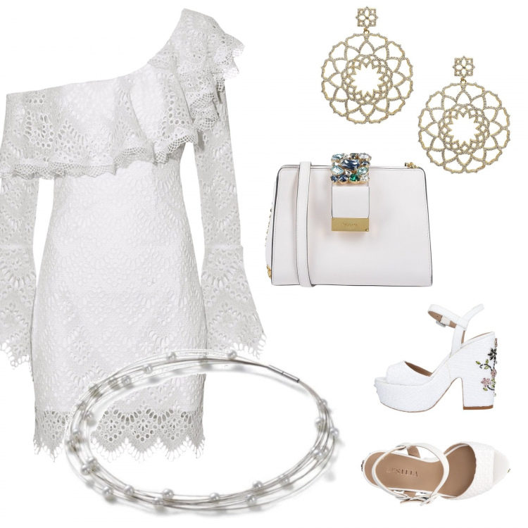 Outfit donna - White party ibiza Belen Rodriguez. Stile Sexy per Serata fuori. Abbinamento con vestiti corti, sandali con strass e tacco squadrato con fibbia e punta tonda tinta unita, borsa a tracolla mini con strass interno foderato tinta unita, orecchini con strass e farfallina oro e argento, collana.