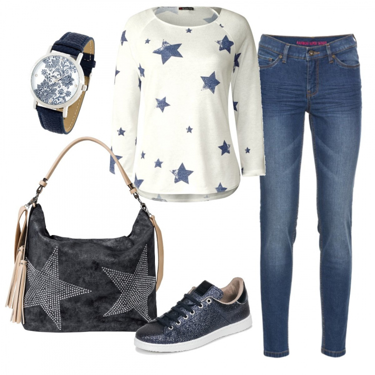 Outfit donna - Temporale. Stile Basic per Tutti i giorni. Abbinamento con jeans skinny, costumi interi, shopping bag con strass in denim grigio, scarpe glitter blu, t-shirt.