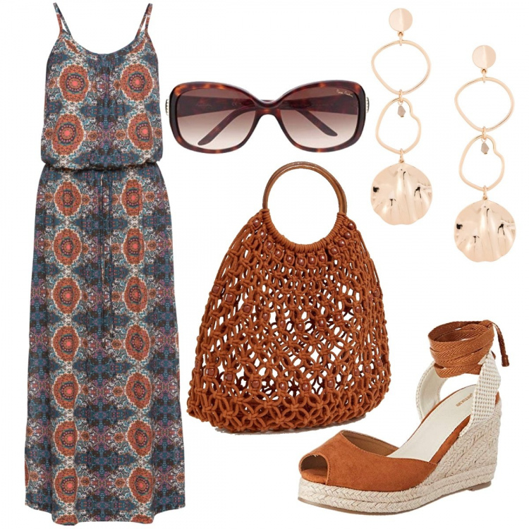 Outfit donna - L’etnico fresco. Stile Etnico per Tutti i giorni. Abbinamento con vestiti lunghi, ciabatte, sandali open toe marrone, t-shirt con manico e perline in denim jersey marrone, occhiali da sole marrone.