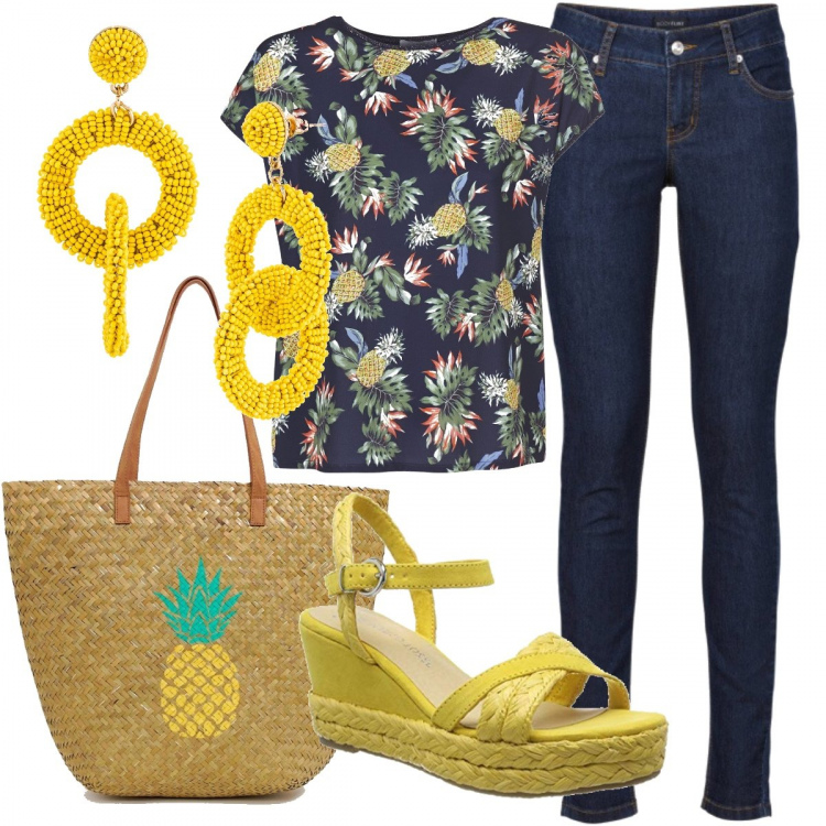 Outfit donna - Giallo ananas. Stile Basic per Tutti i giorni. Abbinamento con jeans skinny, maglieria, camicie, sandali, bikini maxi con stampa e zip con tasca interna.