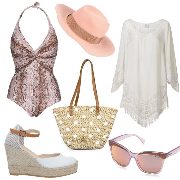 Outfit donna - Curvy al mare #1. Stile Chic per Mare. Abbinamento con vestiti da spiaggia, costumi interi, espadrillas con zeppe e punta tonda tinta unita, cappello, occhiali da sole viola, borse a spalla.