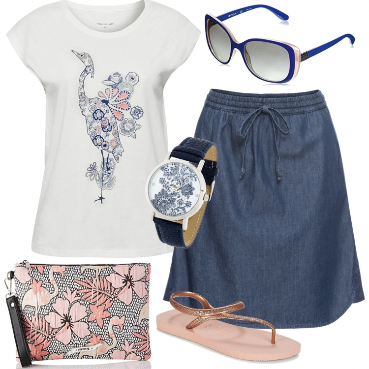 Outfit donna - Mi pavoneggio con poco!. Stile Basic per Tutti i giorni. Abbinamento con costumi interi, gonne, sandali marrone, t-shirt, zaini, occhiali da sole.
