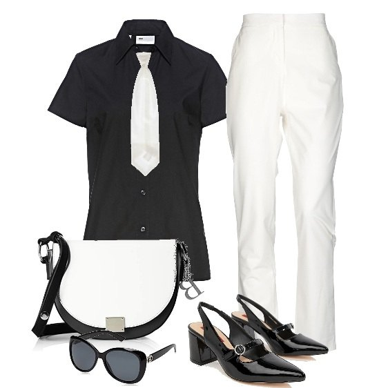 Outfit donna - Gioco di dama.. e cavaliere. Stile Chic per Tutti i giorni. Abbinamento con camicie a manica corta, pantalone vita alta con zip tinta unita, beauty case bianco, scarpe con tacco con tacco largo e cinturino a punta, borsa a tracolla bianco, occhiali da sole.
