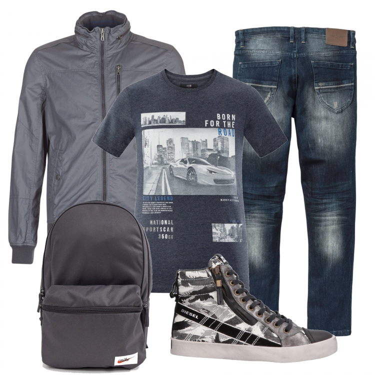Outfit uomo - In città con stile. Stile Urban per Tutti i giorni. Abbinamento con jeans slim fit, sneakers tennis fantasia multicolore senza tacco con zip e punta tonda, giubbotto, t-shirt taglio dritto con stampa in in maglia con orlo blu, zaino con manico e zip con bretelle grigio.