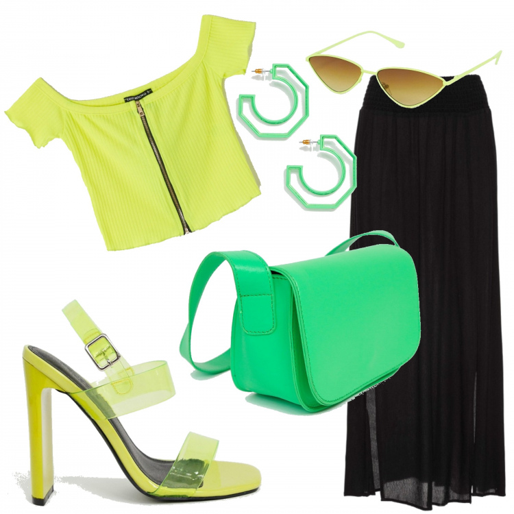 Outfit donna - Passione per i colori fluo. Stile Trendy per Tutti i giorni. Abbinamento con gonne lunghe, top a coste con spalle scoperte crop con zip giallo, ciondolo con zip e tasca interna verde, sandali con cinturino, occhiali da sole skinny lenti scure stanghette sottili in denim protezione dai raggi, orecchini petite farfalla verde.