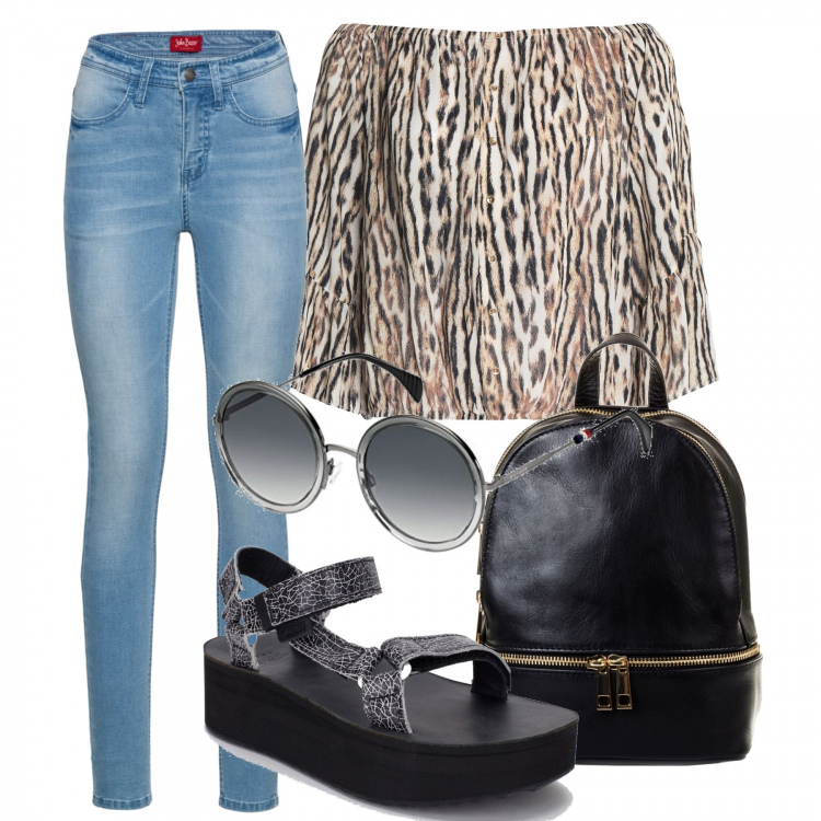 Outfit donna - Revival anni \'90. Stile Urban per Tutti i giorni. Abbinamento con blusa contrasto a maniche 3/4 100% rayon, jeans skinny blu, zaino made italy con zip e manico nero, sandali con plateau flatform con punta tonda nero, occhiali da sole.