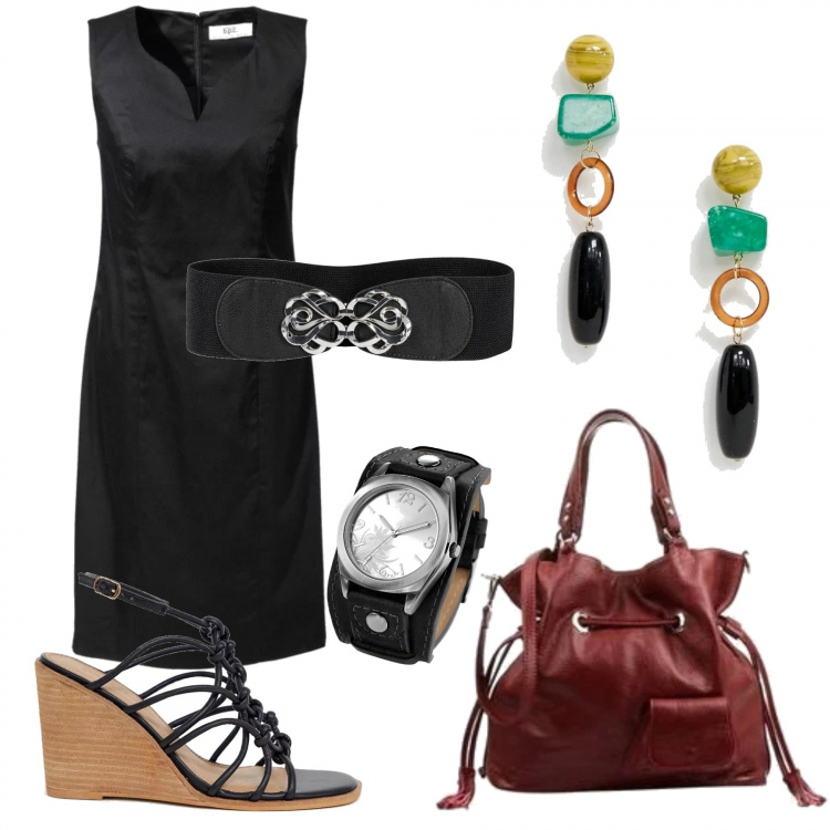 Outfit donna - Orecchini Vistosi. Stile Basic per Ufficio. Abbinamento con cinture, vestito a tubino scollatura aderente, orologio fantasia floreale con cinturino in pelle sintetica nero, orecchini contrasto oro, sandali con zeppe pianta larga, borsa a tracolla made italy con frange e coulisse interno foderato con tracolla removibile.