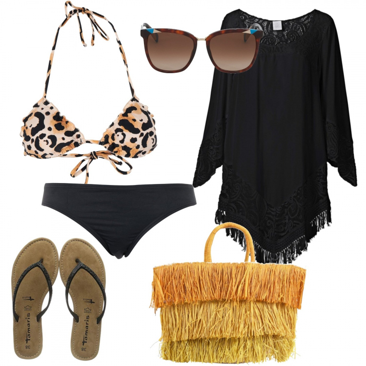 Outfit donna - Bikini leopardato. Stile Basic per Mare. Abbinamento con vestiti da spiaggia, reggiseno fantasia interno imbottito jersey, slip interno foderato jersey, borsa a mano, ciabatte nero, occhiali da sole.