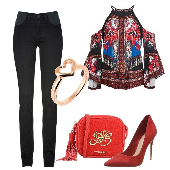 Outfit donna - La mia serata. Stile Trendy per Serata fuori. Abbinamento con jeans skinny, maglia, borsa a tracolla petit effetto scamosciato con zip interno foderato in pelle con nappine, anello con cuore in sterling 925 argento e oro, scarpe col tacco rosso.