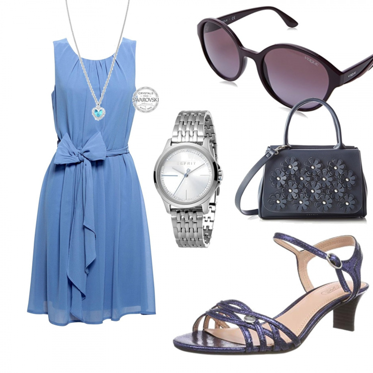Outfit donna - Città basic. Stile Basic per Tutti i giorni. Abbinamento con vestito elegante blu, sandali con cinturino navy, borsa a cartella blu, occhiali da sole viola, collane, orologio analogico con cinturino in acciaio inox argento e bianco.