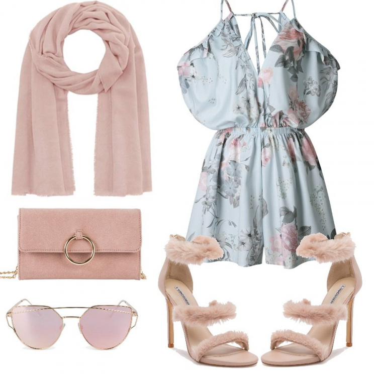 Outfit donna - La jumpsuite corta. Stile Chic per Cerimonia. Abbinamento con cappotti, vestito mini fantasia floreale chiffon, sandali con zip e punta tonda, sciarpa lunga, occhiali da sole.