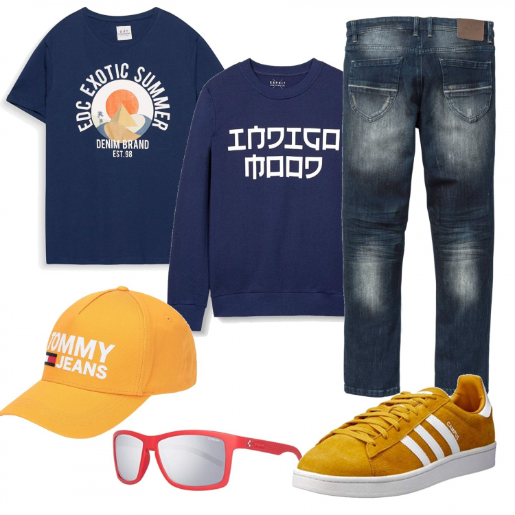 Outfit uomo - Shopping con lui. Stile Casual per Tutti i giorni. Abbinamento con jeans slim fit, cappello con visiera e ricamo in gabardine tinta unita, felpa navy, occhiali da sole, scarpe da ginnastica giallo e bianco, t-shirt navy.