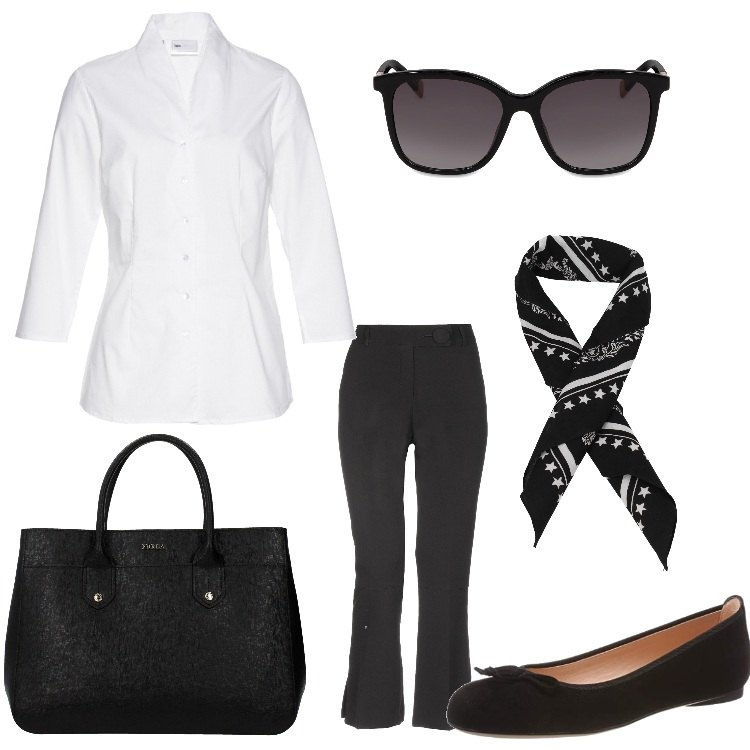 Outfit donna - Get the look Audrey Hepburn. Stile Bon Ton per Tutti i giorni. Abbinamento con camicie, pantaloni capri, foulard, borsa a mano con bottoni nero, ballerine nero, occhiali da sole.