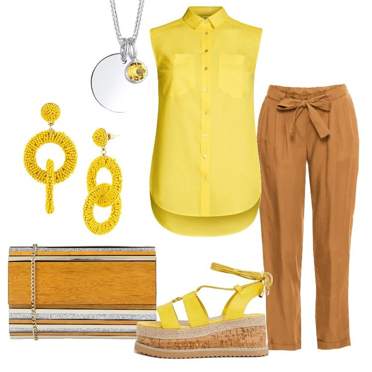 Outfit donna - Curry e zafferano. Stile Basic per Tutti i giorni. Abbinamento con borsa a mano mini fantasia multicolore glitter interno foderato in pelle sintetica con tracolla removibile, shopping bag, maglieria, top, espadrillas stringate, collane.