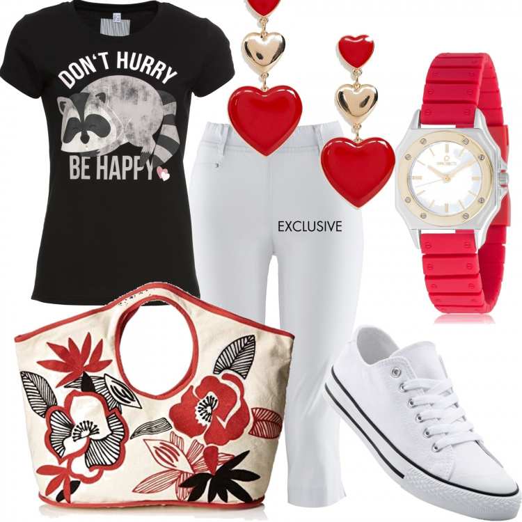 Outfit donna - Casual per tutti i giorni. Stile Basic per Tutti i giorni. Abbinamento con pantaloni, scarpe sportive, maglia con stampa a maniche corte nero, borsa a spalla, orologio con fibbia rosso e bianco e oro, orecchini pendenti oro.