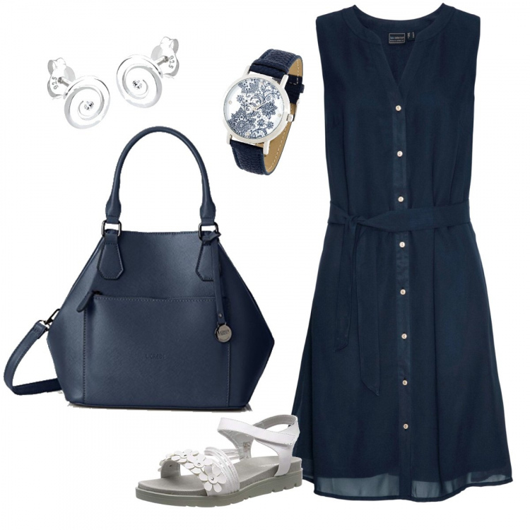 Outfit donna - Semplicissimo. Stile Basic per Tutti i giorni. Abbinamento con costumi interi, vestiti, sandali alla schiava, borse a cartella, orecchini.