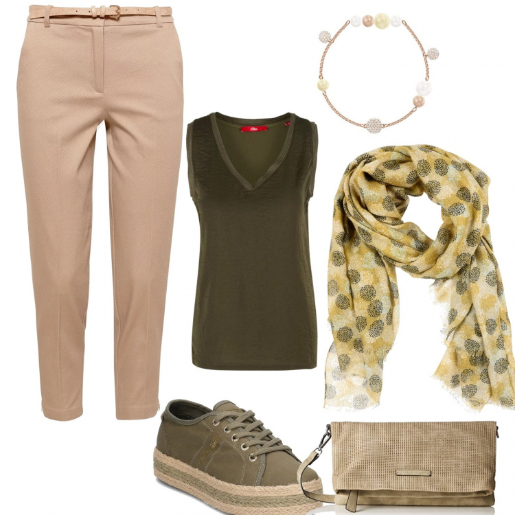 Outfit donna - Comodità e stile. Stile Urban per Ufficio. Abbinamento con stola, scarpe multicolore, canottiera verde e kaki, pantalone beige e grigio, borsa verde, braccialetti.