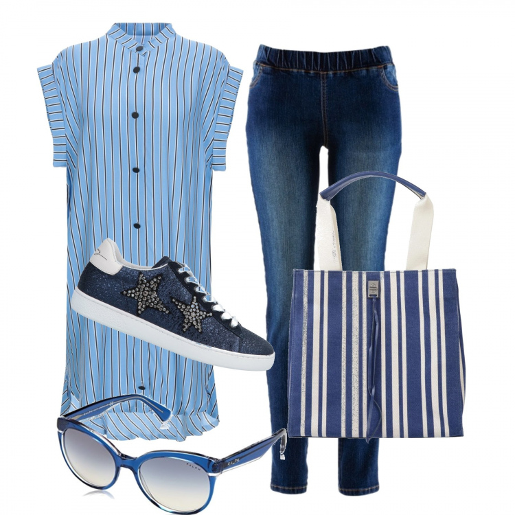 Outfit donna - Trendy #18135. Stile Trendy per Tutti i giorni. Abbinamento con treggings, camicia a righe collo coreana a maniche corte in viscosa con bottoni, sneakers tennis, borsa a mano maxi a righe con laccetti interno foderato con tasca interna, occhiali da sole blu.