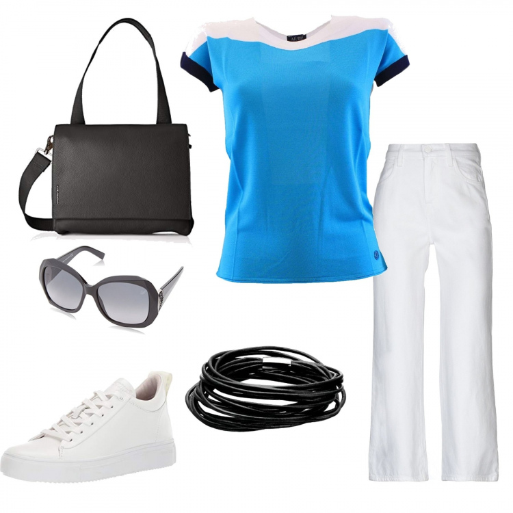 Outfit donna - Al lavoro.. in treno!. Stile Urban per Ufficio. Abbinamento con jeans dritti, t-shirt blu, sneakers collo alto bianco, occhiali da sole nero, braccialetto argento, borsa a tracolla nero.