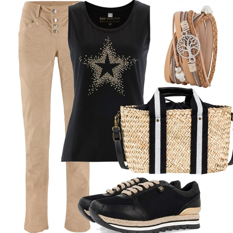 Outfit donna - Brunch al mare. Stile Basic per Tutti i giorni. Abbinamento con top, borse a mano, pantalone lungo, bracciale in pelle sintetica, scarpe da ginnastica nero.