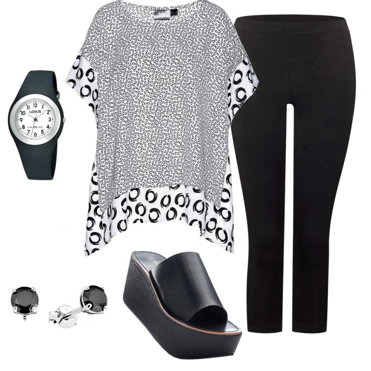 Outfit donna - Elegantemente comoda. Stile Trendy per Serata fuori. Abbinamento con tunica fantasia bianco, pantofole, leggings nero, orologi, orecchini.