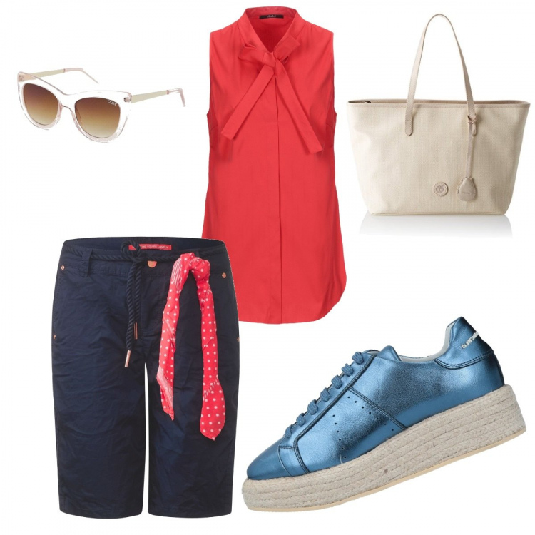 Outfit donna - Mamma sprint. per Tutti i giorni. Abbinamento con top con fiocco tinta unita, sneakers tennis, bermuda blu, borse a spalla, occhiali da sole a gatto lenti scure stanghette sottili protezione dai raggi.