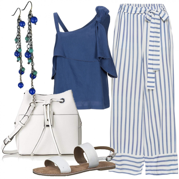 Outfit donna - Righe alla marinara. Stile Basic per Tutti i giorni. Abbinamento con top con fiocco e balze con cappuccio senza maniche tinta unita, reggiseni, sandali con cinturino e fibbia traspirante bianco, scarpa, orecchini in sterling 925 argento.